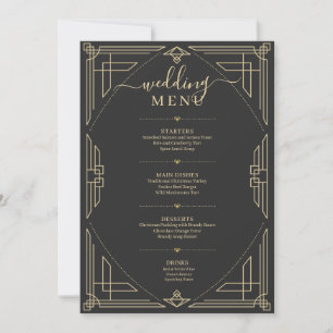 Vintage gold frame wedding menu on dark grey invitation