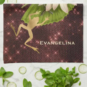 Vintage Gold Frog Lily Pad Floral  Tea Towel