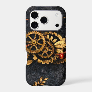 Vintage Gold Gears & Red Neon Mythic Cyberpunk