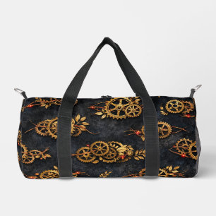 Vintage Gold Gears & Red Neon Mythic Cyberpunk Duffle Bag