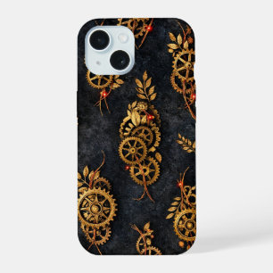 Vintage Gold Gears & Red Neon Mythic Cyberpunk iPhone 15 Case