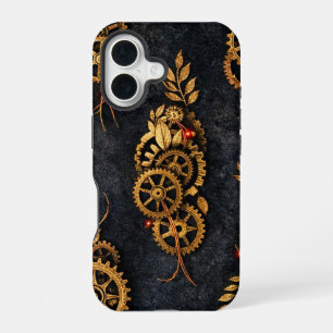 Vintage Gold Gears & Red Neon Mythic Cyberpunk iPhone 16 Case