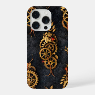 Vintage Gold Gears & Red Neon Mythic Cyberpunk  iPhone 15 Pro Case