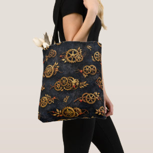 Vintage Gold Gears & Red Neon Mythic Cyberpunk Tote Bag