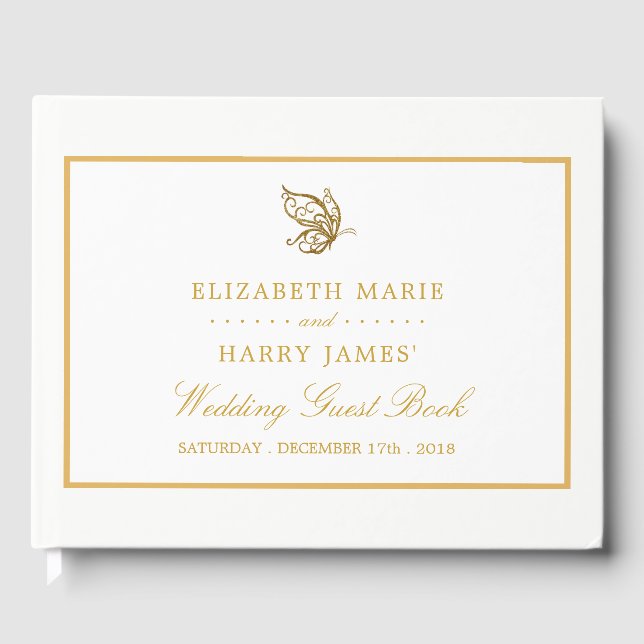Vintage Gold Glitter Butterfly Wedding Guest Book (Front)
