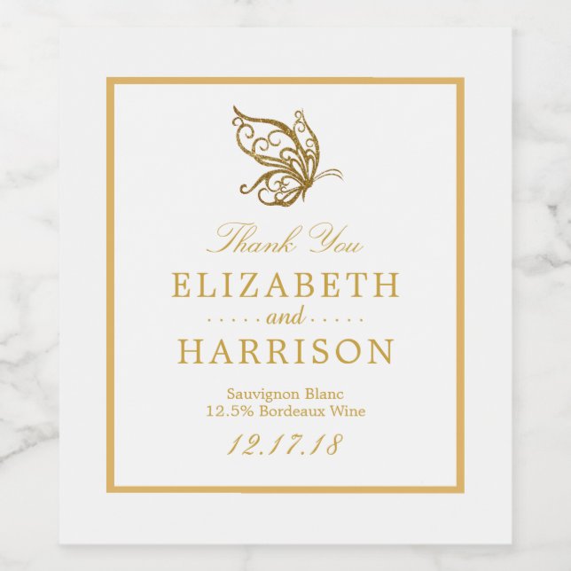 Vintage Gold Glitter Butterfly Wedding Wine Label (Single Label)