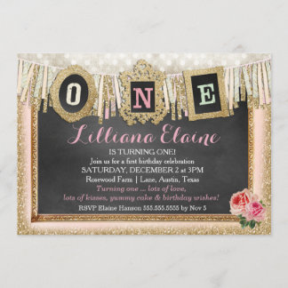 Vintage Gold Glitter First Birthday Banner Invitation