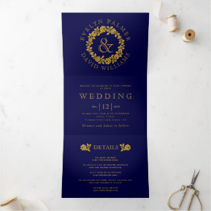 Vintage gold glitter rose wreath navy blue wedding Tri-Fold invitation