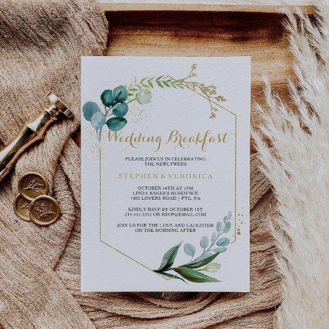 Vintage Gold & Green Eucalyptus Wedding Breakfast Invitation (Creator Uploaded)