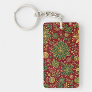 Vintage Gold Green Holly Christmas Botanical Key Ring