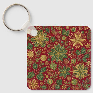 Vintage Gold Green Holly Christmas Botanical Key Ring