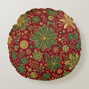 Vintage Gold Green Holly Christmas Botanical Round Cushion