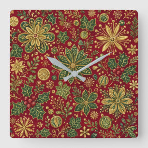 Vintage Gold Green Holly Christmas Botanical Square Wall Clock