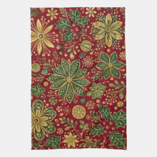 Vintage Gold Green Holly Christmas Botanical Tea Towel