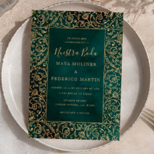 Vintage Gold & Green Velvet Nuestra Boda Wedding Invitation