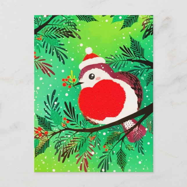 Vintage Gold Greenery Winter Bird  Holiday Postcard (Front)