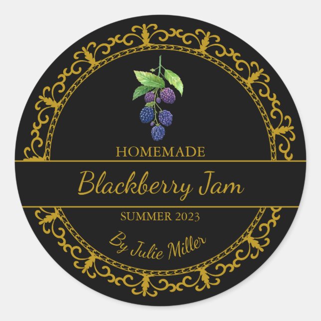 Vintage Gold Homemade Blackberry Jam Label | Black (Front)