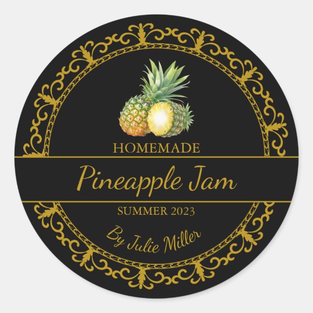 Vintage Gold Homemade Pineapple Jam Label | Black (Front)