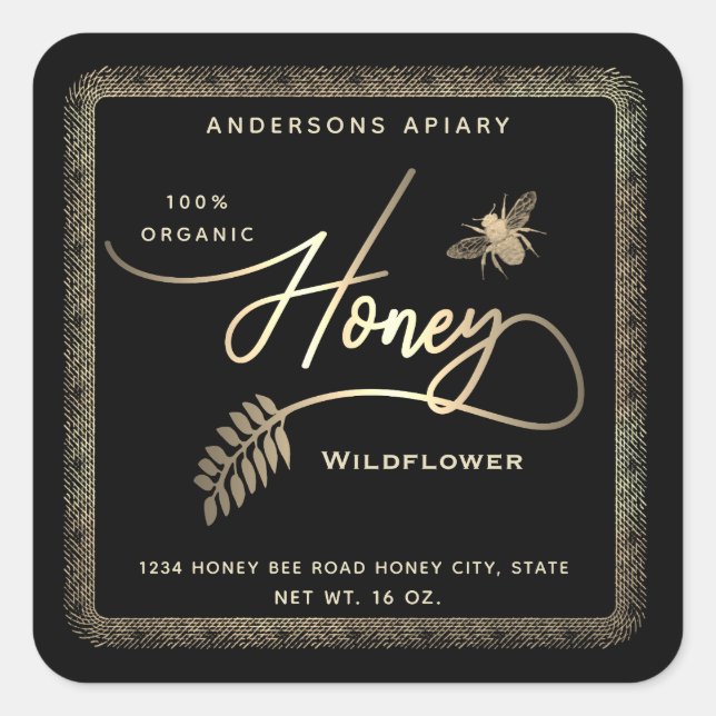 Vintage gold honey bee square sticker (Front)