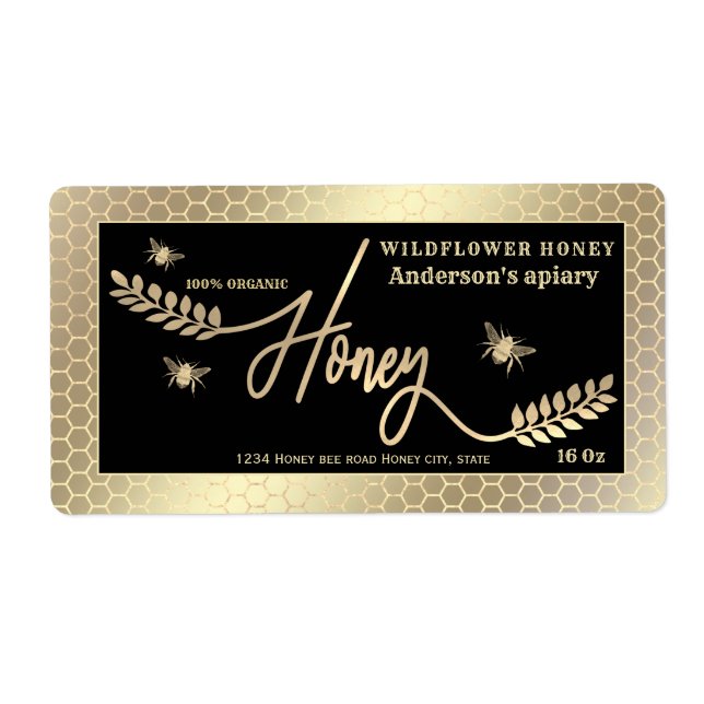 Vintage  gold honey branch  script honey jar label (Front)