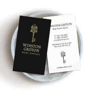Vintage Gold House Key Black Business Card