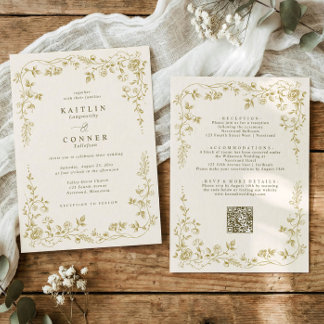 Vintage Gold & Ivory Cream French Floral Wedding Invitation