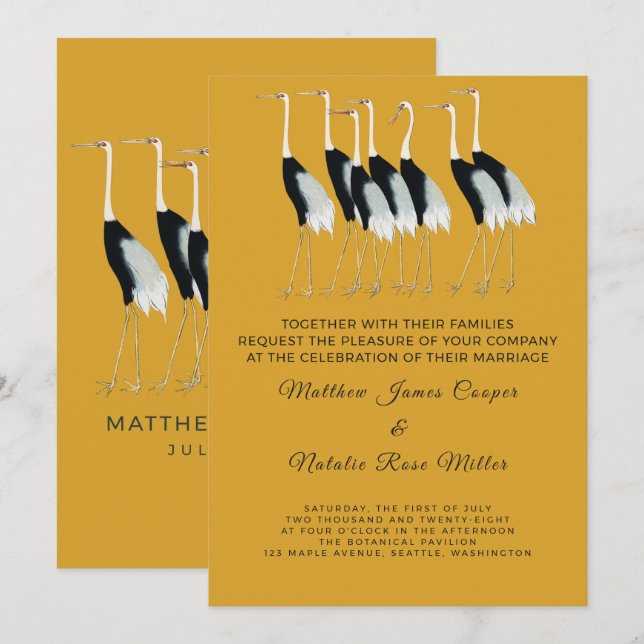 Vintage Gold Japanese Cranes Elegant Script Invitation (Front/Back)