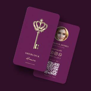 Vintage Gold Key Real Estate Agent QR Photo Business Card