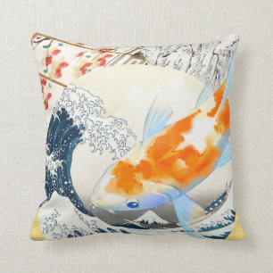 Vintage Gold Koi Pond of Japanese Culture Cushion
