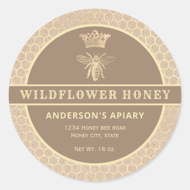 Vintage gold Kraft  queen bee honey jar label (Front)