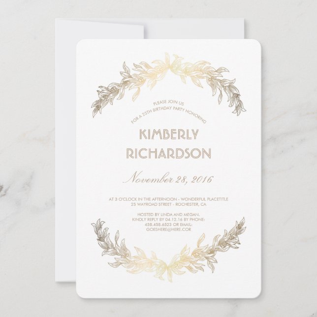 Vintage Gold Laurel Wreath Birthday Party Invitation (Front)