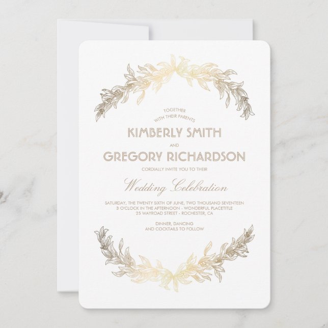 Vintage Gold Laurel Wreath Elegant Wedding Invitation (Front)