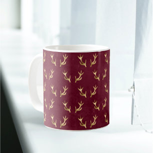 Vintage Gold Maroon Antlers Coffee Mug