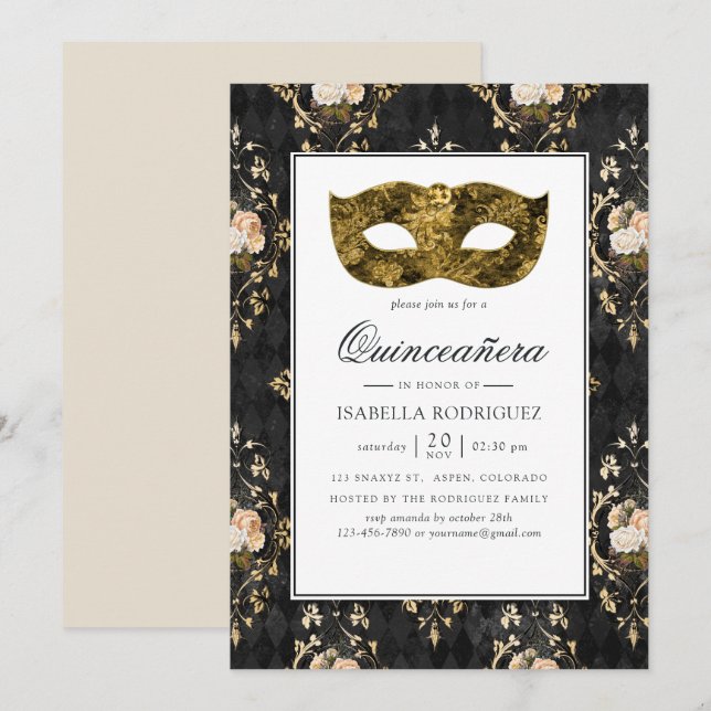 Vintage Gold Masquerade Floral Damask Quinceañera Invitation (Front/Back)