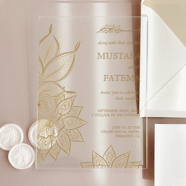 Vintage Gold Mehndi Henna Muslim Wedding Acrylic Invitations (Creator Uploaded)