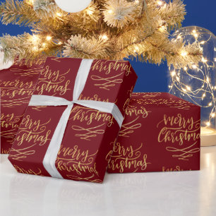 Vintage Gold Merry Christmas Calligraphy Dark Red Wrapping Paper