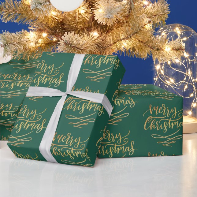 Vintage Gold Merry Christmas Calligraphy Green Wrapping Paper (Holidays)