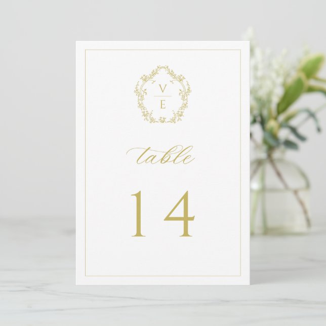 Vintage Gold Monogram Crest Wedding Table Number (Standing Front)