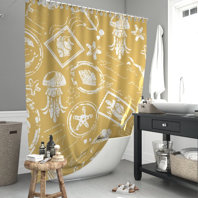 Vintage Gold Nautical Sea Stamp Shower Curtain (Creator Uploaded)