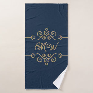 Vintage Gold & Navy Blue Elegant Flourish Monogram Bath Towel Set