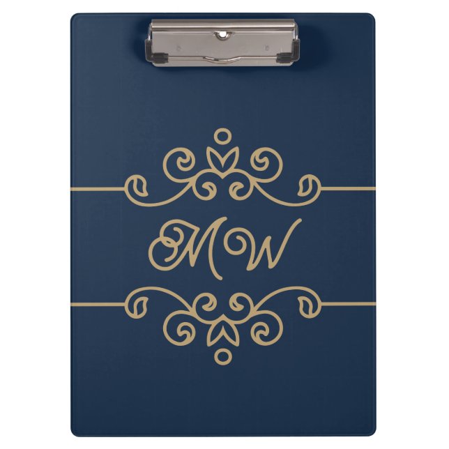 Vintage Gold & Navy Blue Elegant Flourish Monogram Clipboard (Front)