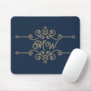 Vintage Gold & Navy Blue Elegant Flourish Monogram Mouse Mat