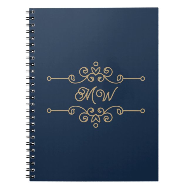 Vintage Gold & Navy Blue Elegant Flourish Monogram Notebook (Front)