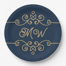Vintage Gold & Navy Blue Elegant Flourish Monogram
