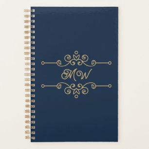 Vintage Gold & Navy Blue Elegant Flourish Monogram Planner