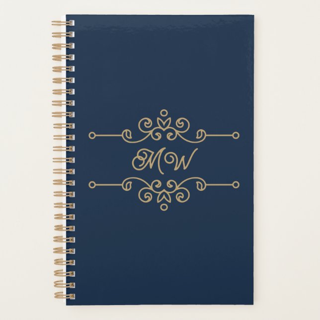 Vintage Gold & Navy Blue Elegant Flourish Monogram Planner (Front)