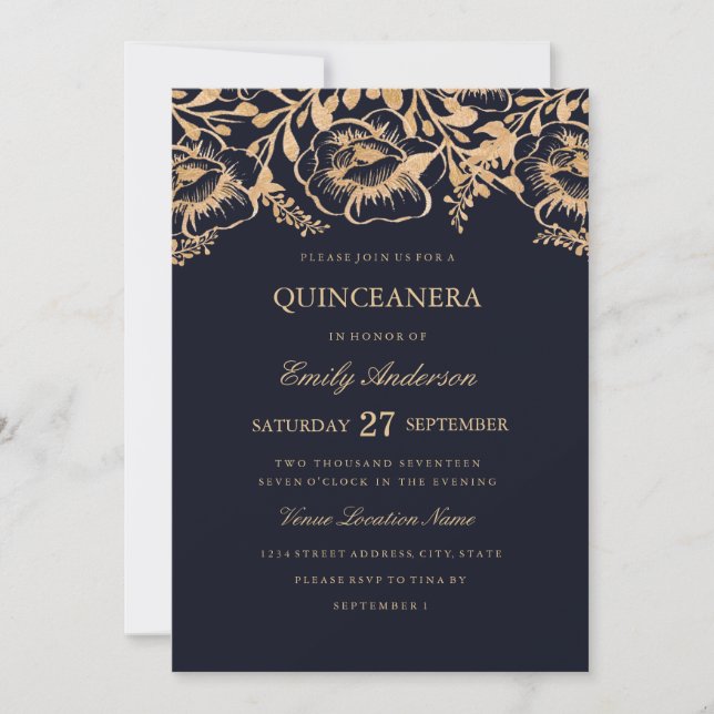 Vintage Gold Navy Floral Quinceanera Invitation (Front)