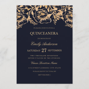 Vintage Gold Navy Floral Quinceanera Invitation