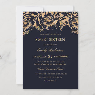 Vintage Gold Navy Floral Sweet Sixteen Invitation