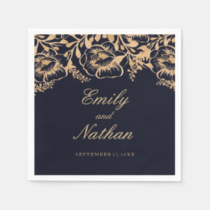 Vintage Gold Navy Floral Wedding Napkin